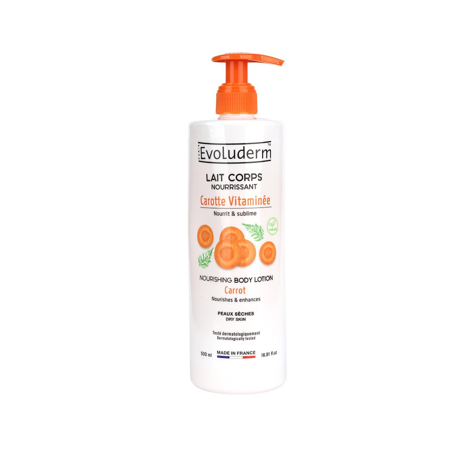 Evoluderm – Lait Corps Nourrissant 500ml « Carotte Vitaminée » (Peaux Sèches)